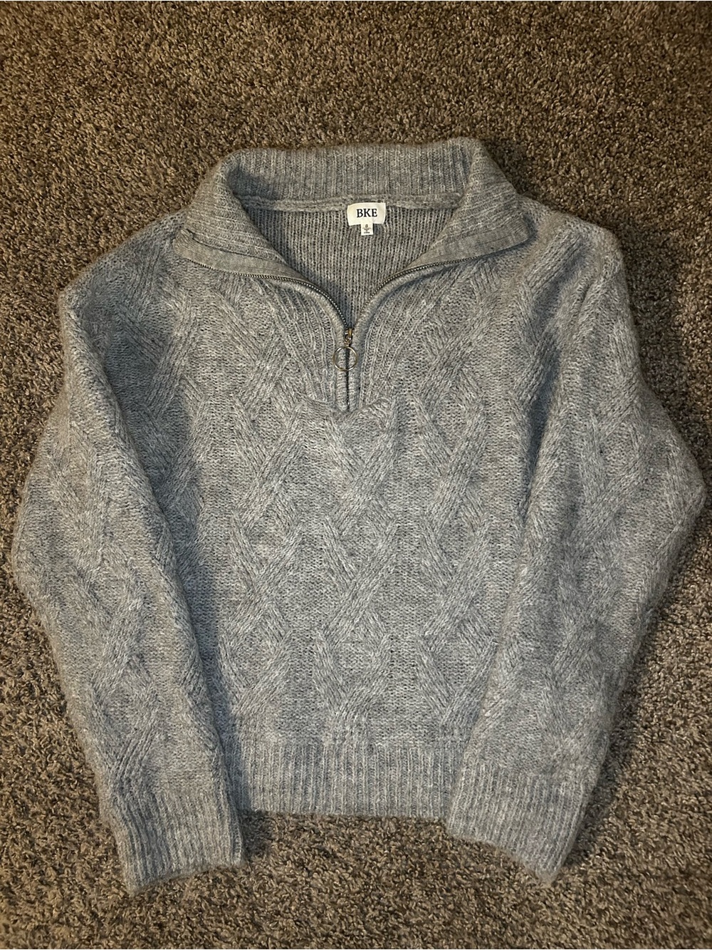 BKE Heathered Light Grey Zip-Front Cable Knit Sweater